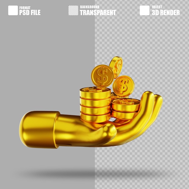 3d illustration golden hands and money coins