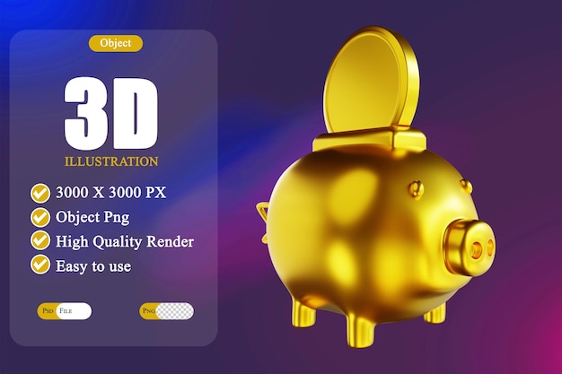 3d illustration golden piggy bank common coin