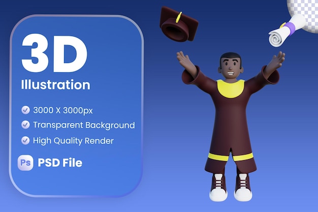 3d illustration of graduated college student throwing mortarboard and diploma in the air