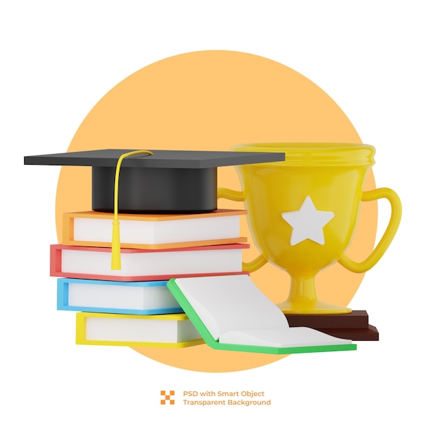 3d illustration of a graduation cap above the books and trophy