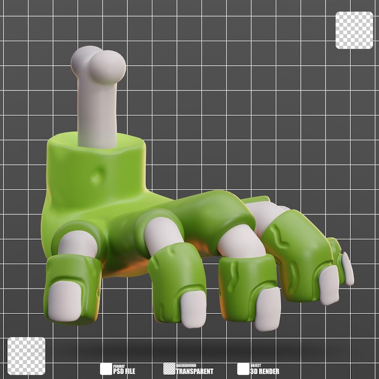 PSD 3d illustration green zombie hand bone protrudes from severed wrist 3