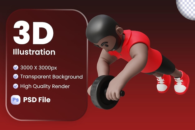 3d illustration of a guy doing exercise with roller wheel