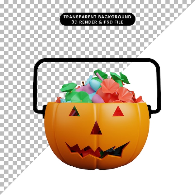 PSD illustrazione 3d della testa di zucca di concetto di halloween con caramelle