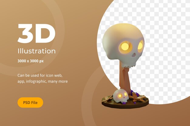 Illustrazione 3d halloween, teschio con legno, per web, app, celebrazione, ecc