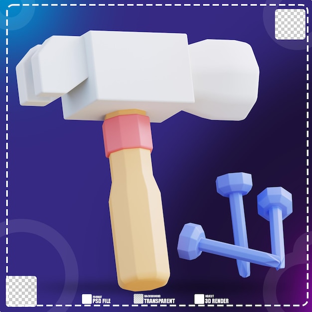 PSD 3d illustration of hammer and nails tool 3