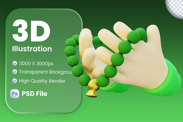 PSD 3d illustration of hand dzikir with beads