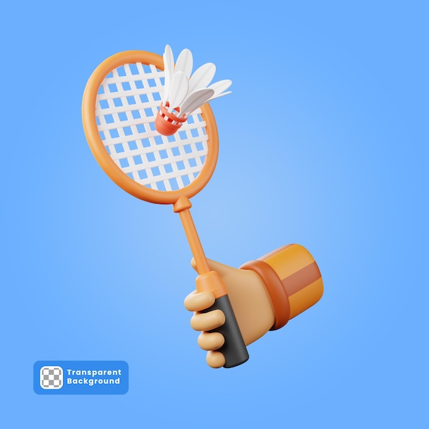 3d illustrazione della mano che tiene la racchetta da badminton