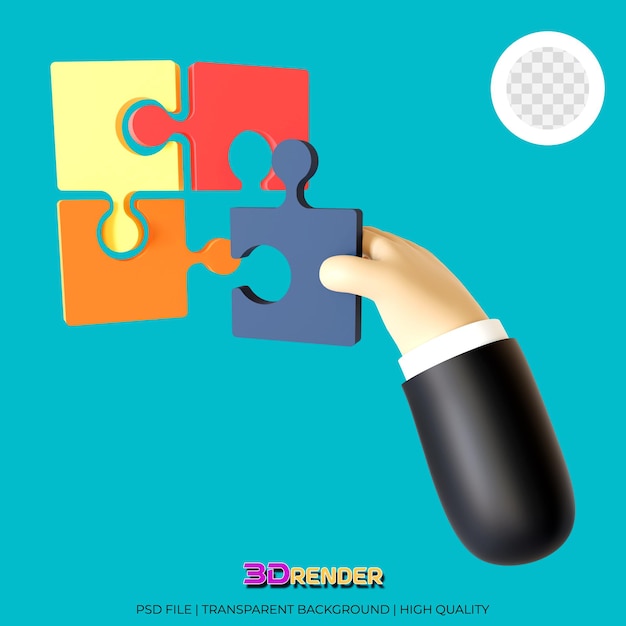 3d illustration of hand holding jigsaw piece on transparent background