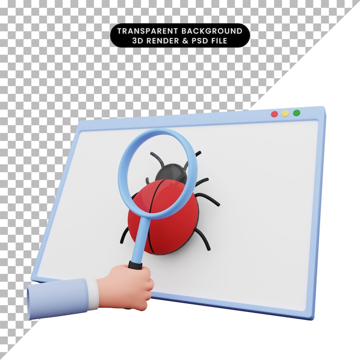 PSD 3d illustration of hand holding magnifying to bug on web
