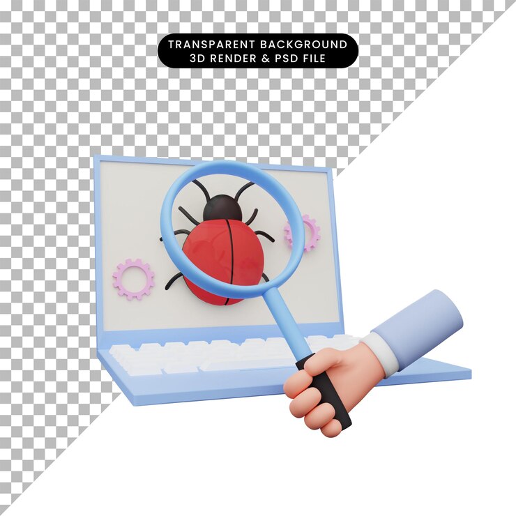 PSD 3d illustration of hand holding a magnifying glass to bug on laptop