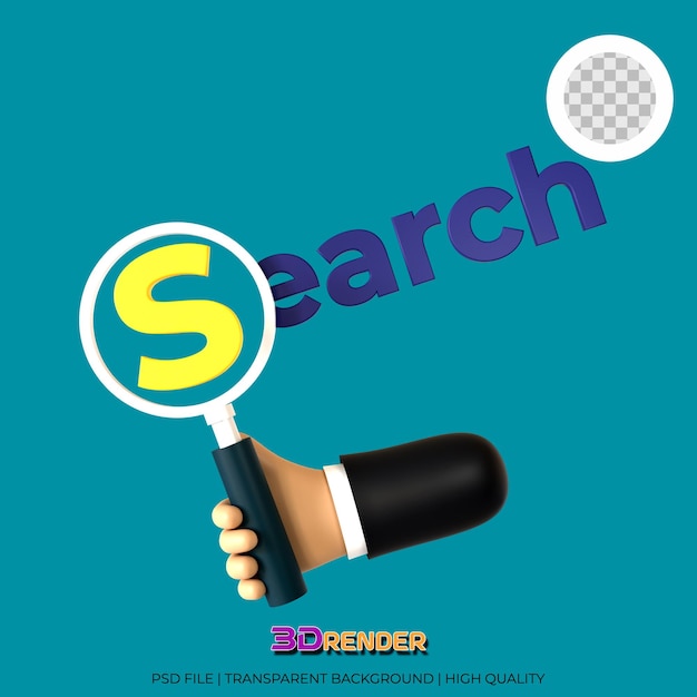 3d illustration of a hand holding a magnifying glass with search text