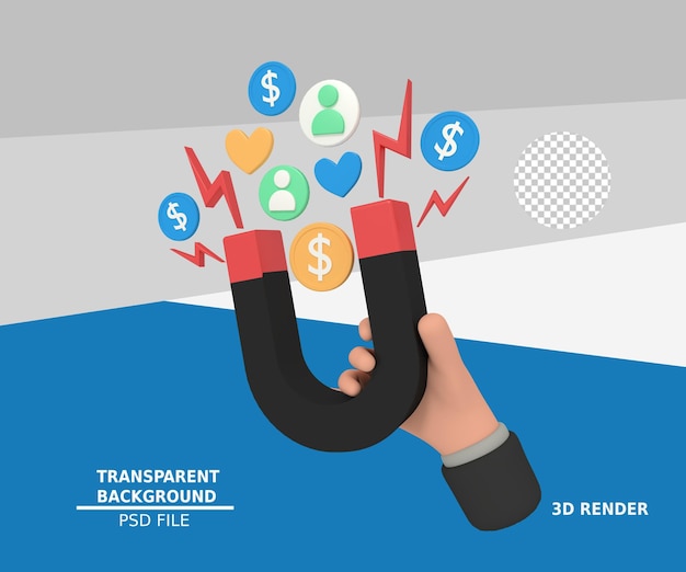 3d illustration of a hand holding a marketing magnet