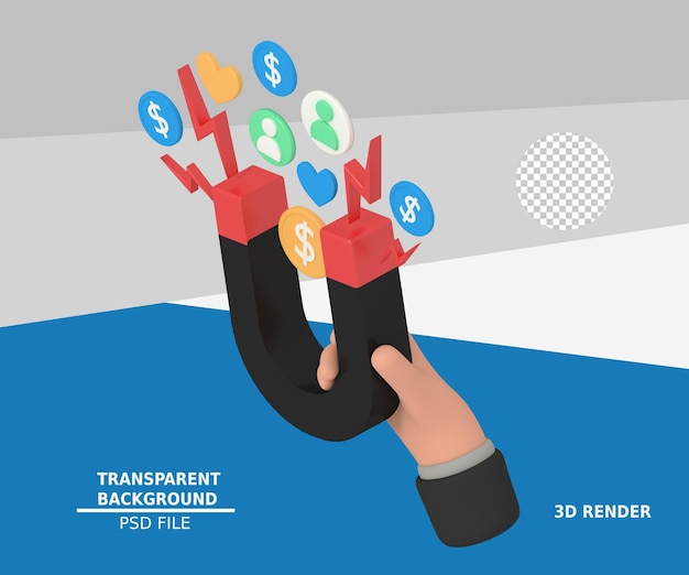 PSD 3d illustration of a hand holding a marketing magnet