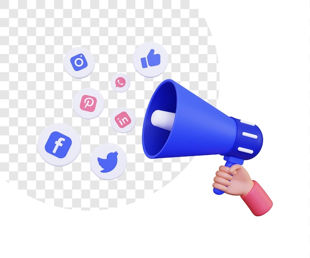 3d illustration of a hand holding a megaphone loudspeaker and social media icons