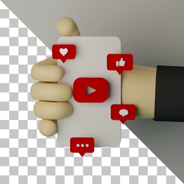 YouTubeのロゴが背景のマーケティングコンセプトをレンダリングした携帯電話を持っている3Dイラスト