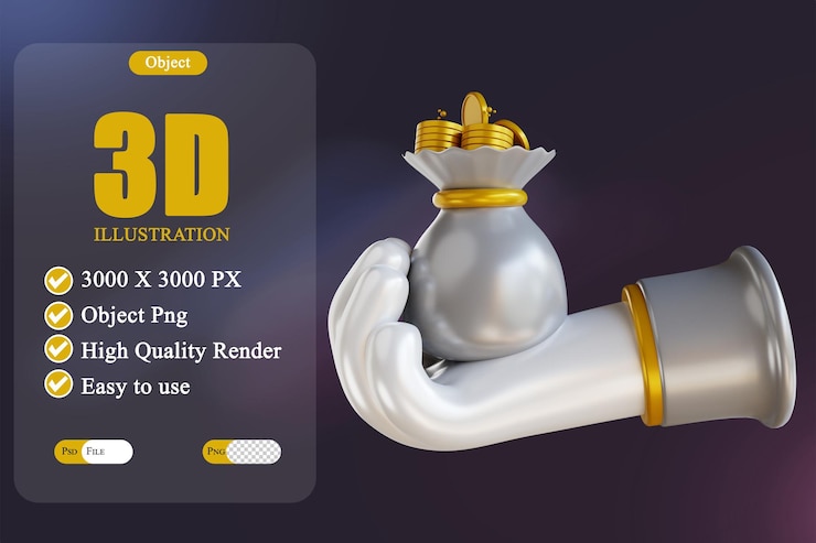 PSD 3d illustration hand holding money bag 2