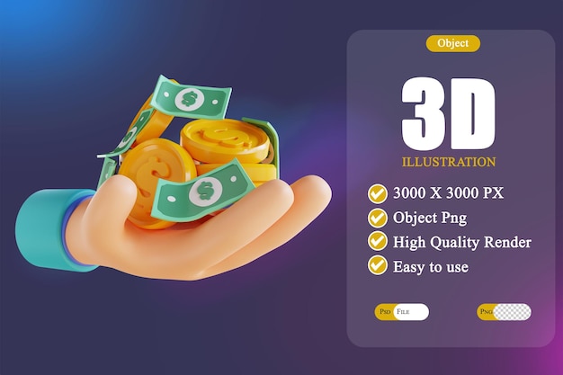 3d illustration hand holding pile of money 3