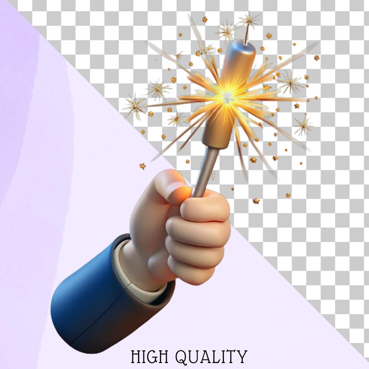 PSD 3d illustration of a hand holding a sparklers with a purple and white checkered background