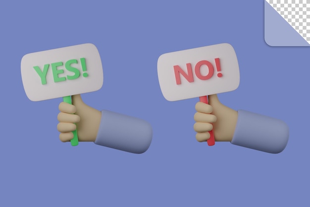 はいといいえのサインを持っている3dイラスト手