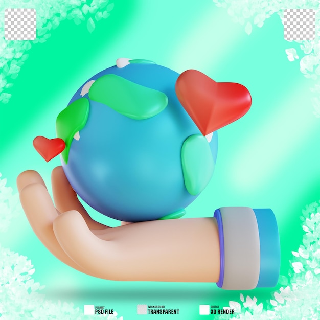 PSD illustrazione 3d mano e amore per la terra 2