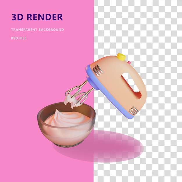 3d illustration hand mixer and whipcream with transparent background