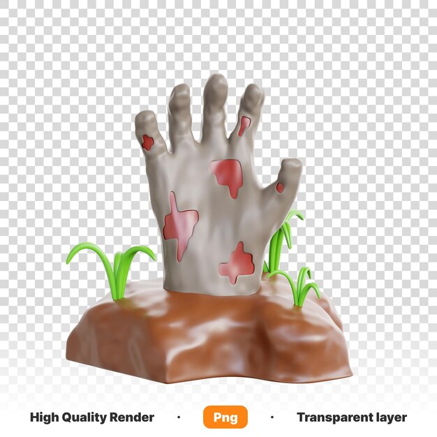 PSD 3d illustration of a hand outside mud and trees beside asking for help in transparent background
