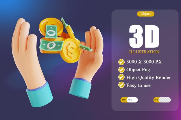 PSD 3d illustration hand and pile of money 2