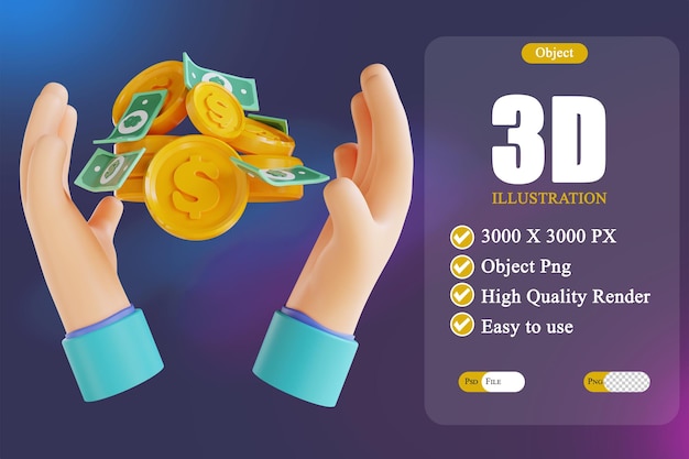 PSD 3d illustration hand and pile of money 3