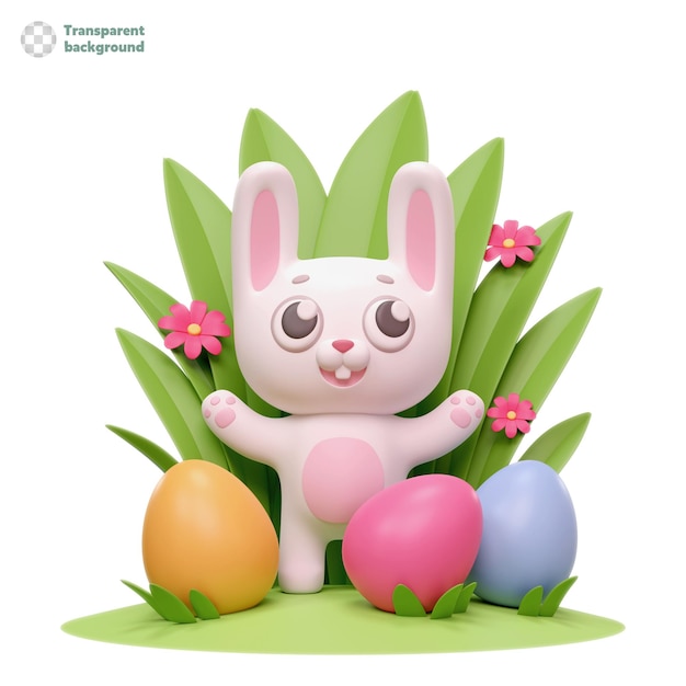 3d illustration happy bunny in the grass and with colored eggs