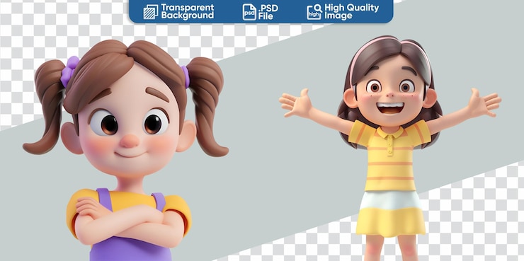 PSD 3d-иллюстрация happy girl simple cartoon set collection для дня детей