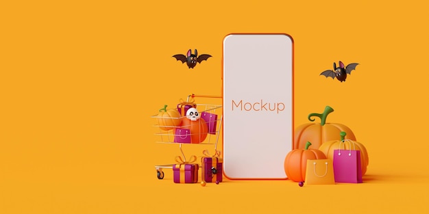 Illustrazione 3d di happy halloween shopping online sul concetto mobile