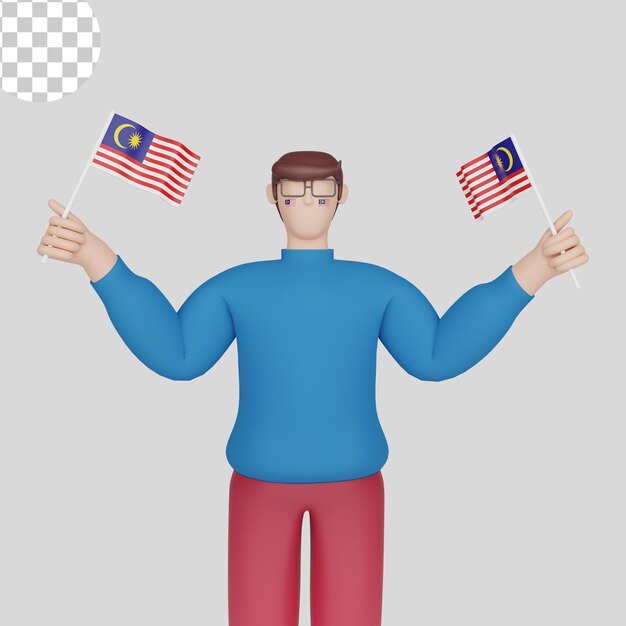 PSD 3d illustration. hari merdeka with man holding flags