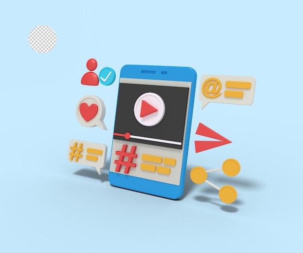 Illustrazione 3d di video hashtag sul cellulare