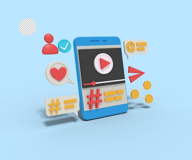 Illustrazione 3d di video hashtag sul cellulare