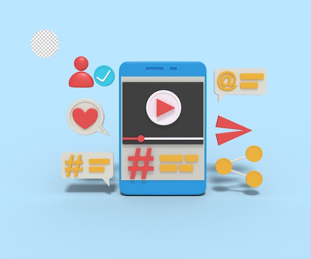 Illustrazione 3d di video hashtag sul cellulare