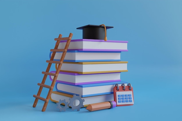 PSD illustrazione 3d di un mucchio di libri per lo studio e scala che porta al tappo di laurea.