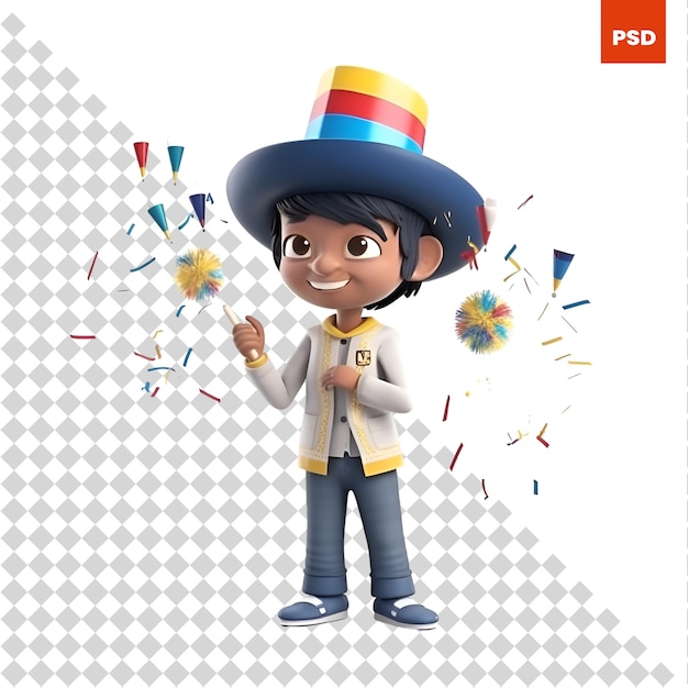 PSD 3d illustration of a hispanic boy wearing a sombrero and holding a brush and confetti