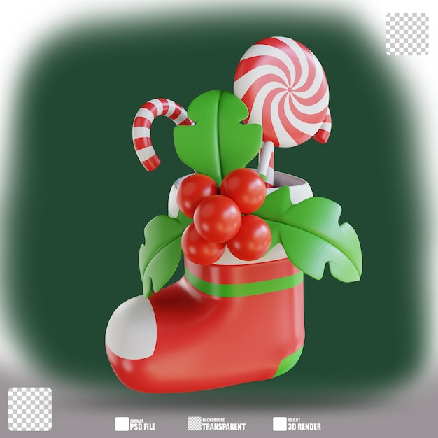 3d illustration holly and candy christmas ornament socks