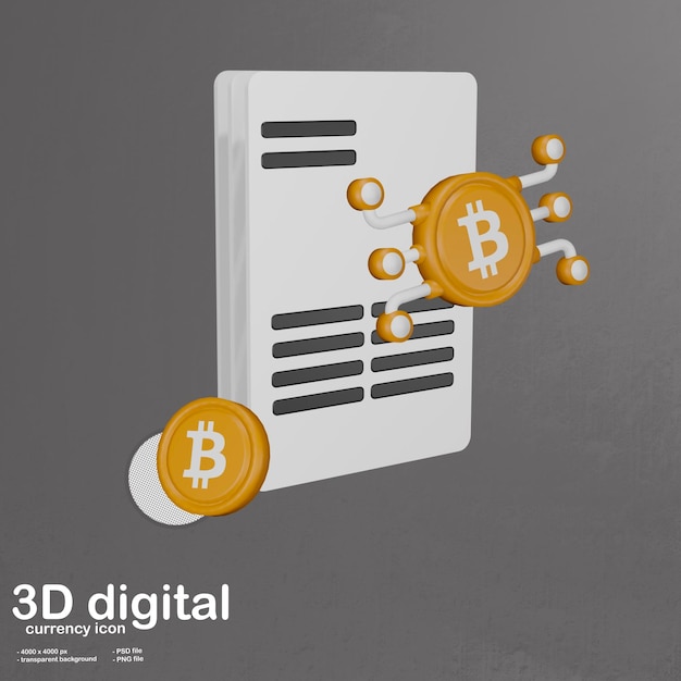 PSD icona di illustrazione 3d della criptovaluta bitcoin e della tecnologia blockchain