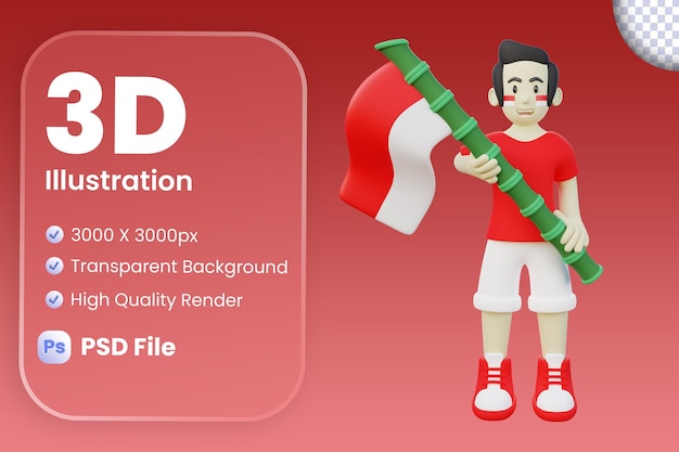 PSD 3d illustration of indonesian guy holding indonesia flag