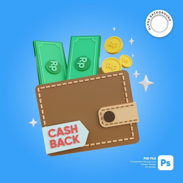 PSD 3d illustration indonesian rupiah money in wallet and cashback