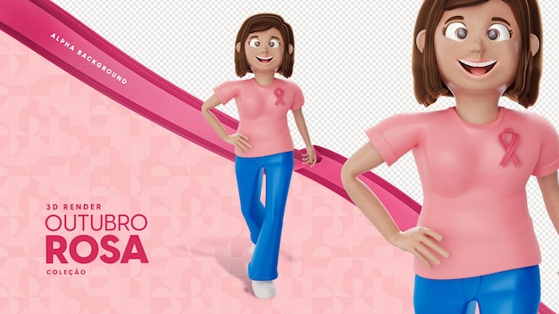 3d illustration of isolated woman for pink october campaign composition