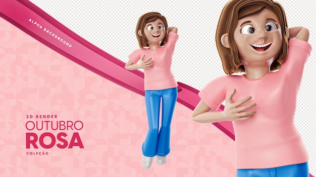 PSD illustrazione 3d di una donna isolata per la composizione della campagna di ottobre rosa