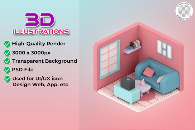 PSD 3d illustration isometric low poly living room cute design object on a transparent background