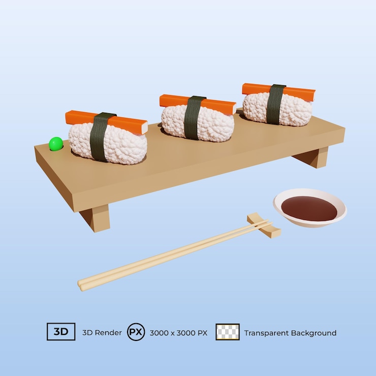 PSD 3d illustration japanese food crabstick sushi on plate