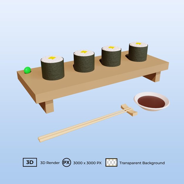 PSD illustrazione 3d cibo giapponese tamago roll sushi sul piatto