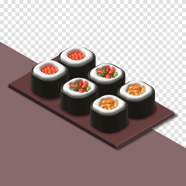 PSD illustrazione 3d oggetto sushi giapponese illustrazione di rendering 3d sushi in rotolo isolato