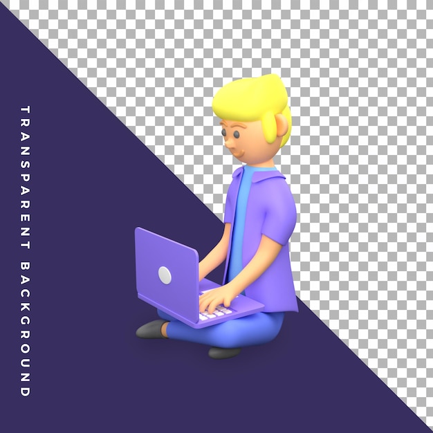 3D illustration karakter mandlig siddende arbejder ved hjælp af laptop isoleret