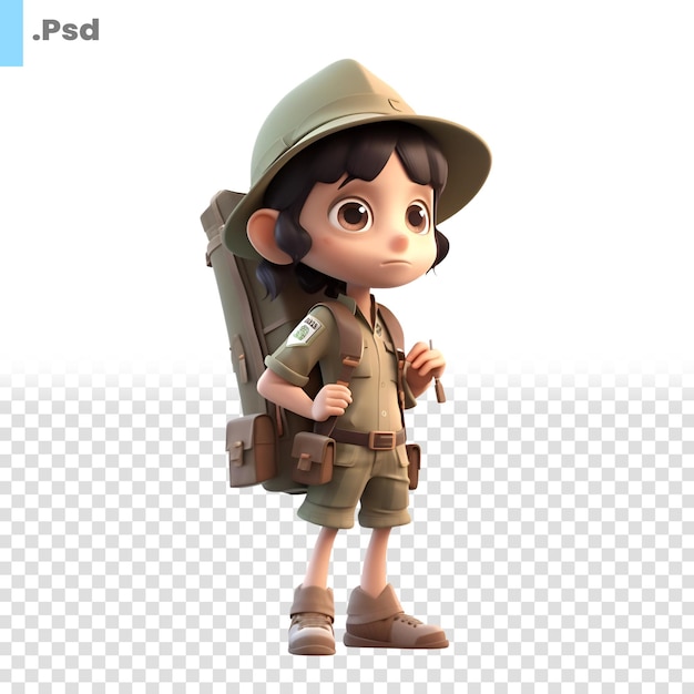 PSD illustrazione 3d di un ragazzo in uniforme militare con modello psd per zaino