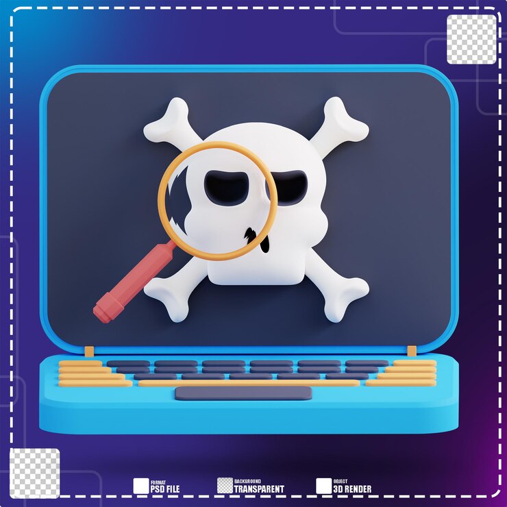 PSD 3d иллюстрация ноутбука, анализирующего киберпреступность 2